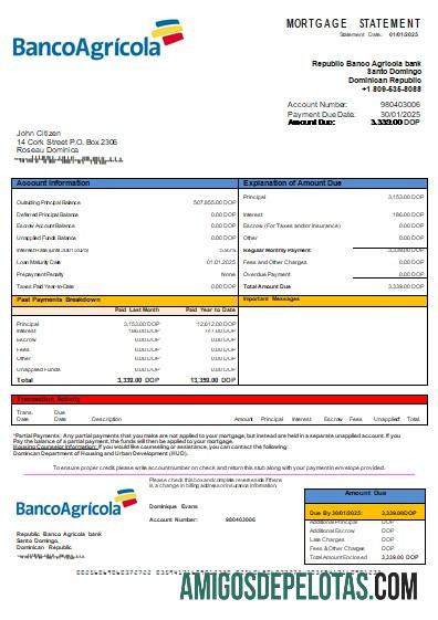 República Dominicana Banco Agricola Bank Mortgage Statement Scr amostra
